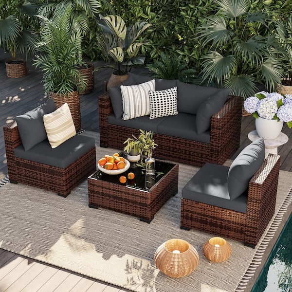 Brown 5-Piece Wicker Sofa Set, Outdoor Seating Group with Gray Cushions & Glass Table