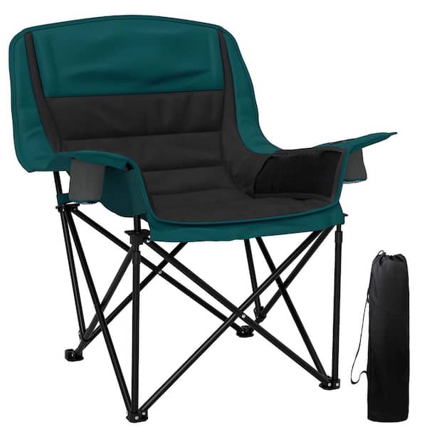Padded Camping Chair for Adults, Black Portable Folding Camping Chair with Side Pockets, Cup Holders, and Carry Bag