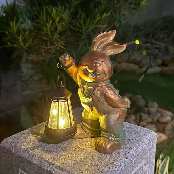 7 in. x 9 in. Bronze Resin Solar Garden Rabbit Sculpture Lamp