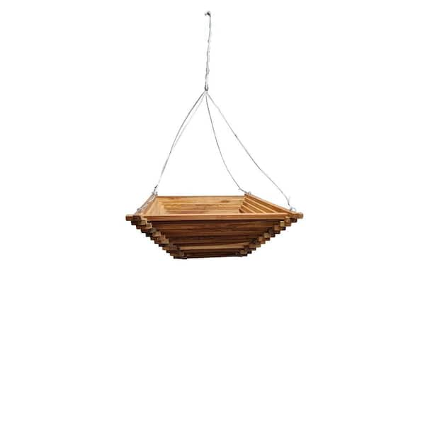 MGP 18 in. Brown Teak Wood Square Pyramid Shape Hanging Basket