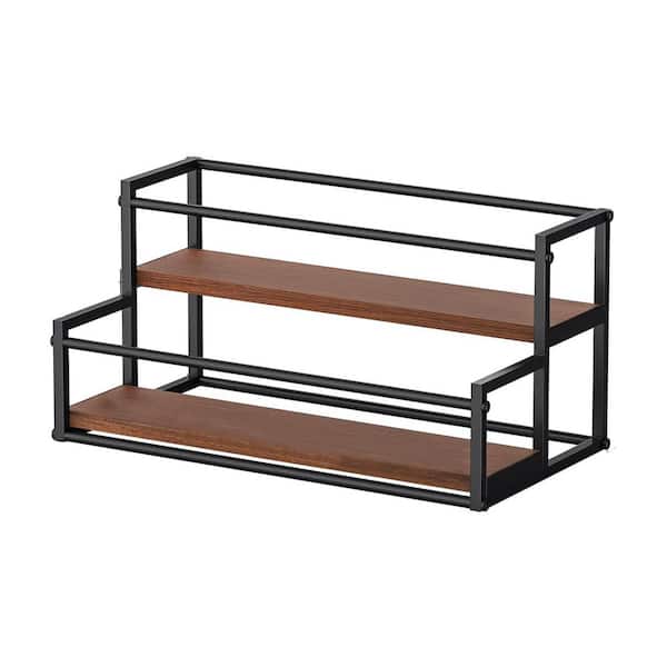 8.34in. H x 16.9in. W 2-Tier 5-Bottle Black Metal Liquor Shelf for Wine Whiskey Organizer Kitchen Countertop