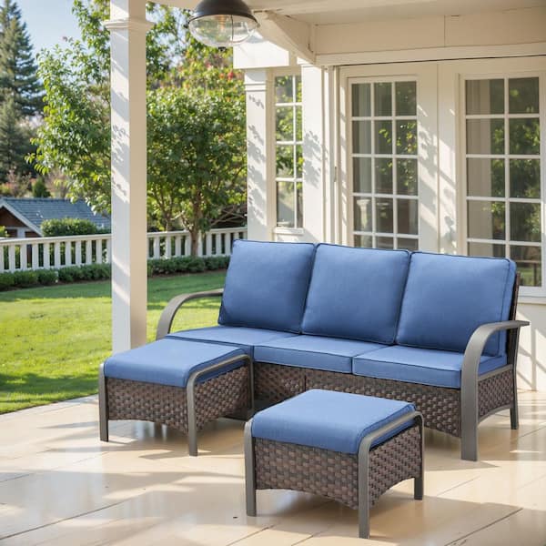 moosprr SteelCurve 3-Piece Brown Wicker Outdoor Couch Patio Conversation Set with Olefin Blue Cushions and Ottomans