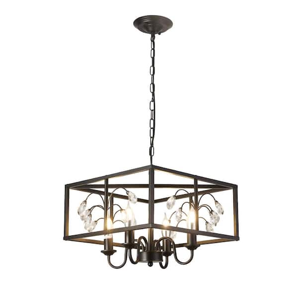 UMEILUCE LED 40-Watt 4-Light Cage Farmhouse Black Chandelier Pendant Light with Crystal