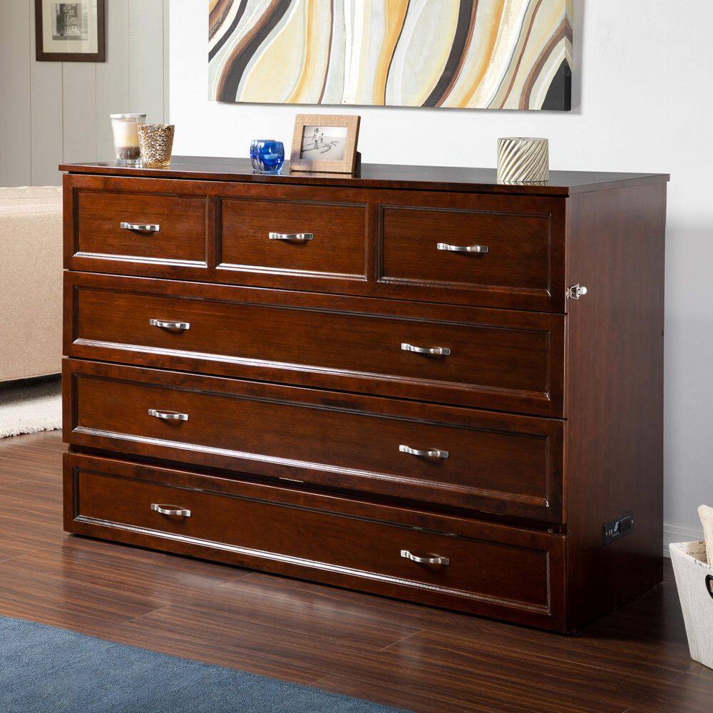 Queen Antique Walnut Murphy Bed Chest with Charging Station