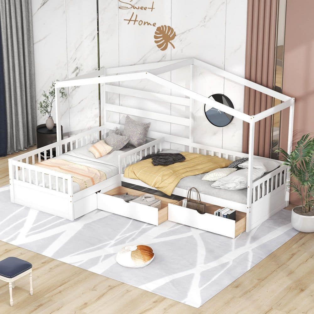 ANBAZAR White Double Twin Size Kids Beds, House Shape Kids Platform Bed ...