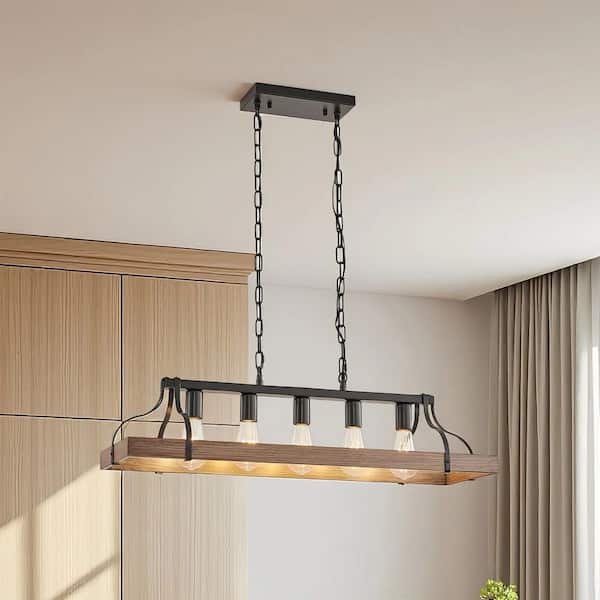 34 in. 5-Light Cage Walnut Rustic Linear Chandelier for Kitchen Island with No Bulbs Included