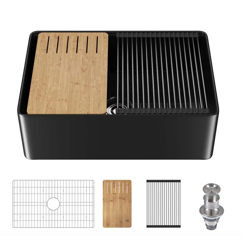 Matte Black Fireclay Single Bowl Farmhouse Kitchen Sink with Accessories