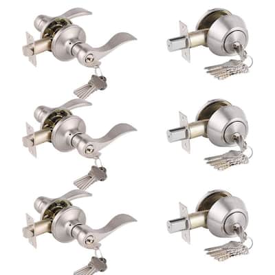 3-Pack Wave Entry Door Levers and Single Cylinder Deadbolt Combination Lockset Brushed Nickel