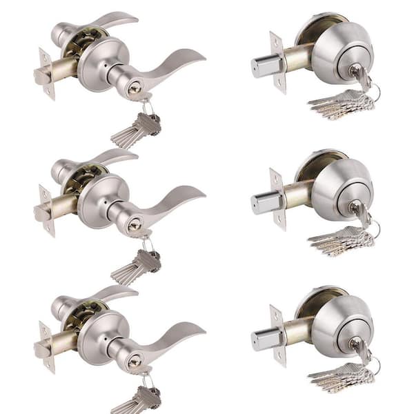 3-Pack Wave Entry Door Levers and Single Cylinder Deadbolt Combination Lockset Brushed Nickel