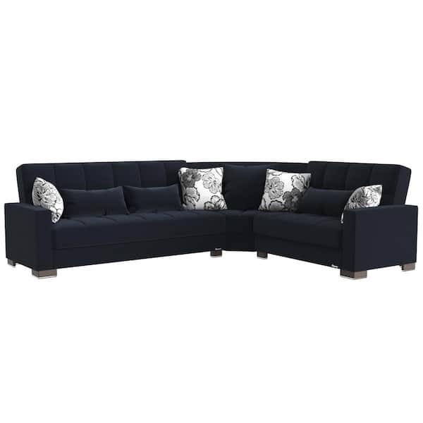 Ottomanson Basics Collection 3-Piece 108.7 in. Polyester Convertible Sofa Bed Sectional 6-Seater With Storage, Blue