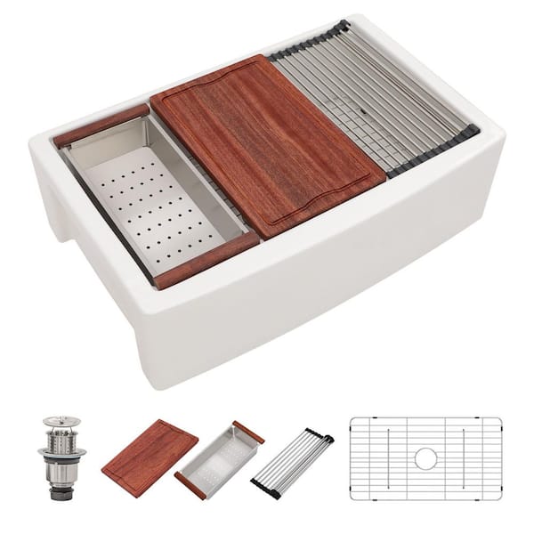 33 in. Ceramic White Farmhouse Sink, Kitchen Sink with Slide Ledge, Curved Apron Front, Fireclay Porcelain Single Bowl