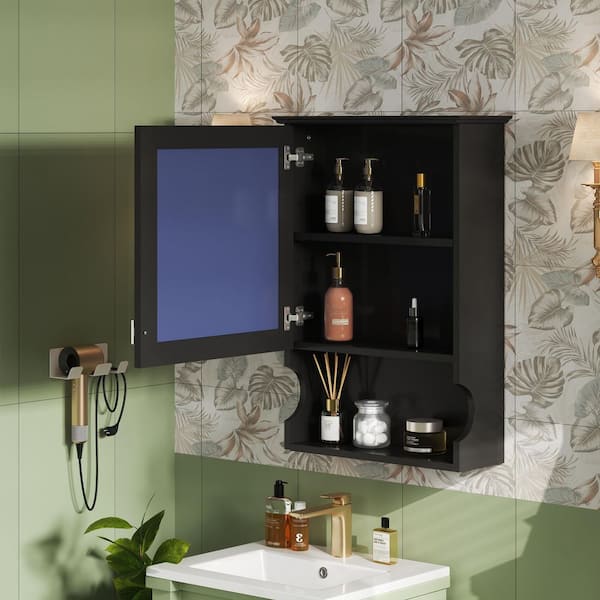 20 in. W x 29 in. H Rectangular Wood Medicine Cabinet with Mirror and Adjustable Shelf for Bathroom in Black