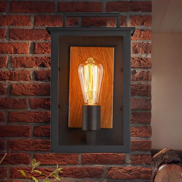 SILJOY Modern 1-Light Rectangle Black Outdoor Sconce with Clear Glass Shade Exterior Painted Wood Outdoor Wall Light