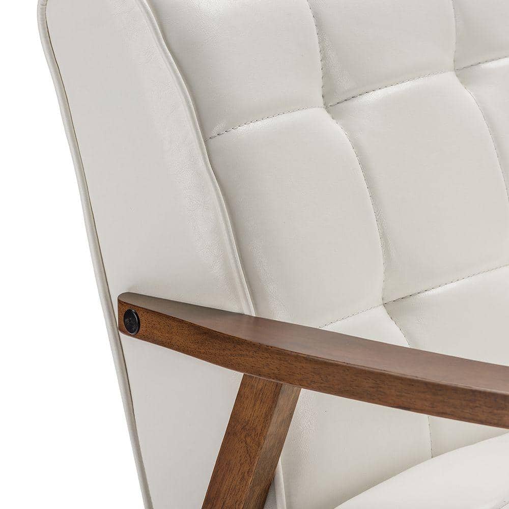 Elegant White Faux Leather Tufted Sleeper Sofa with Wood Accents