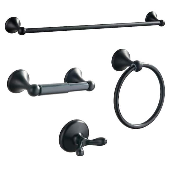 24 in. Wall Mounted Adjustable Expandable Durable Metal Towel Bar, 4-Piece Bathroom Hardware Set in Matte Black