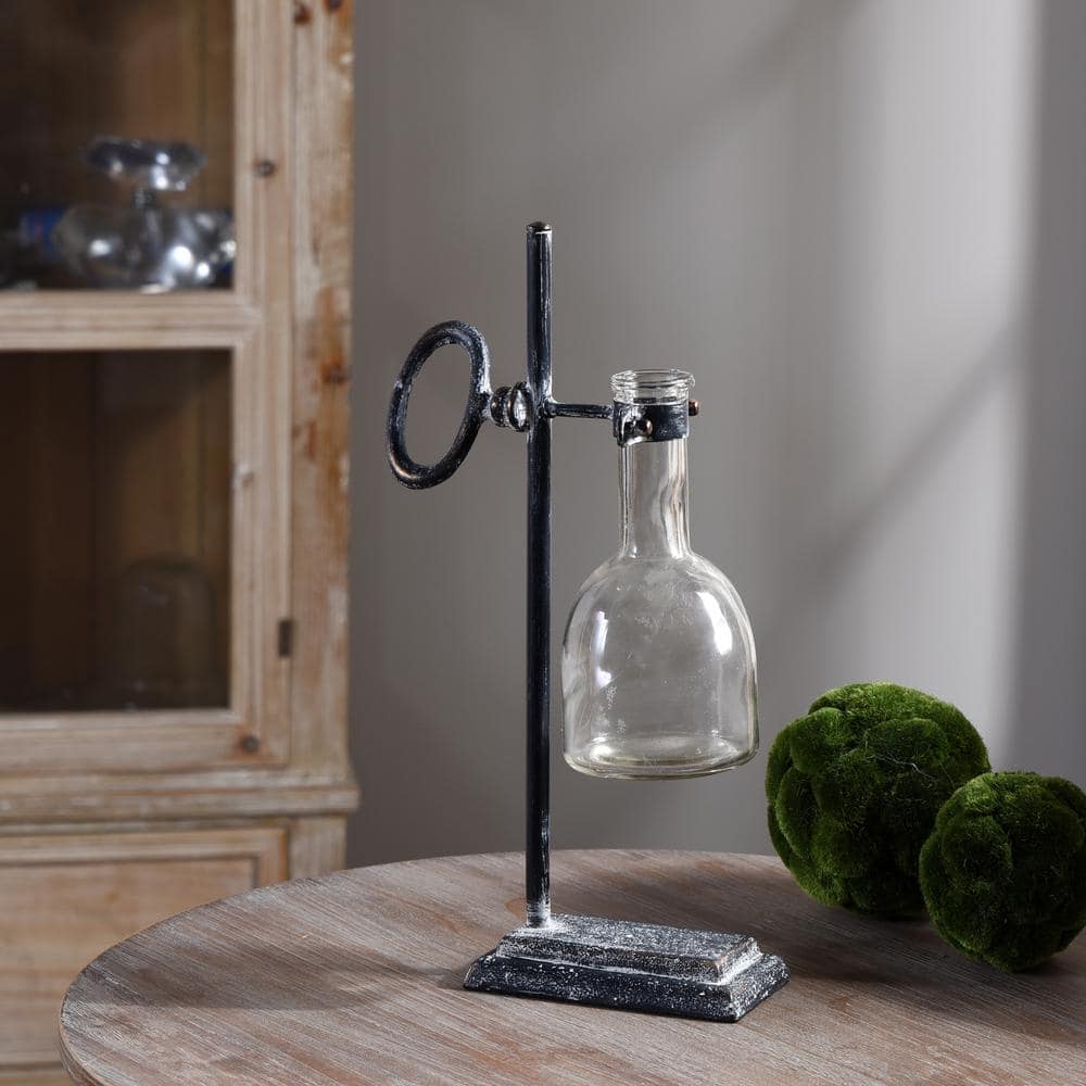 Industrial Clear Glass Table Sculpture with Antique Iron Stand