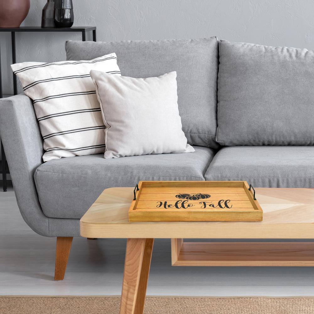 Natural Wood Fall Serving Tray with Black Metal Handles