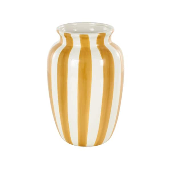 White Round 10 in. Wide Ceramic Decorative Vase with Yellow Vertical Stripes