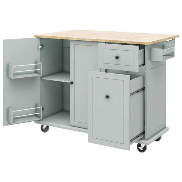 Unbranded Grey Blue Natural Wood Kitchen Cart with Internal Storage Shelves and Pull-Out Cabinet Organizers