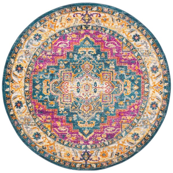 SAFAVIEH Madison Blue/Multi 7 ft. x 7 ft. Border Floral Geometric Medallion Round Area Rug