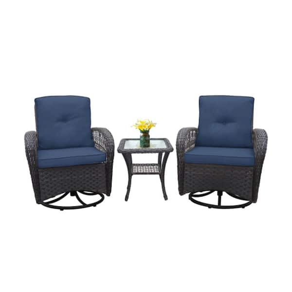 3-Piece PE Wicker Black Rattan Rocker Swivel Outdoor Bistro Set with Glass Top Side Table & Navy Blue Cushions