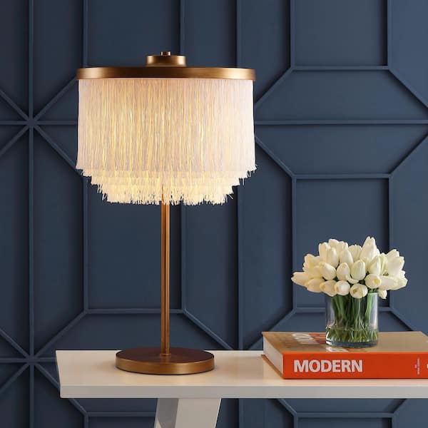 JONATHAN Y Coco 27.5 in. Gold/White Fringed/Metal LED Table Lamp