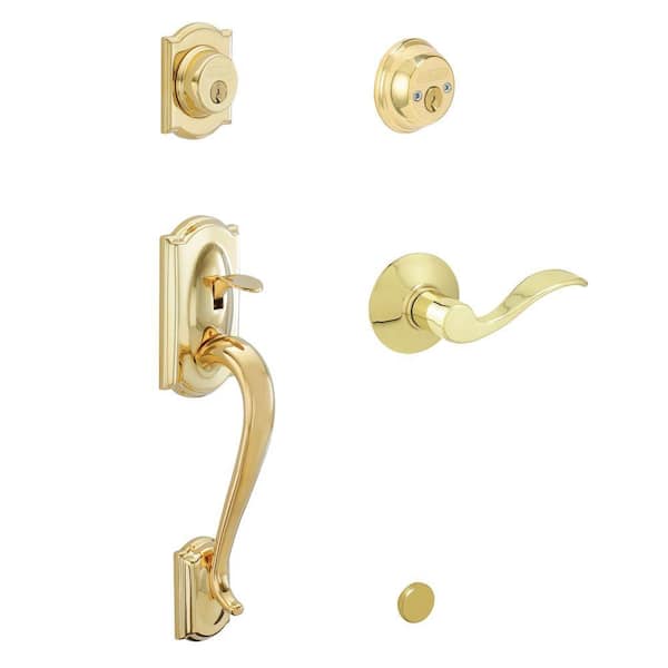 Schlage Camelot Double Cylinder Bright Brass Left-Hand Handleset with Accent Interior Lever