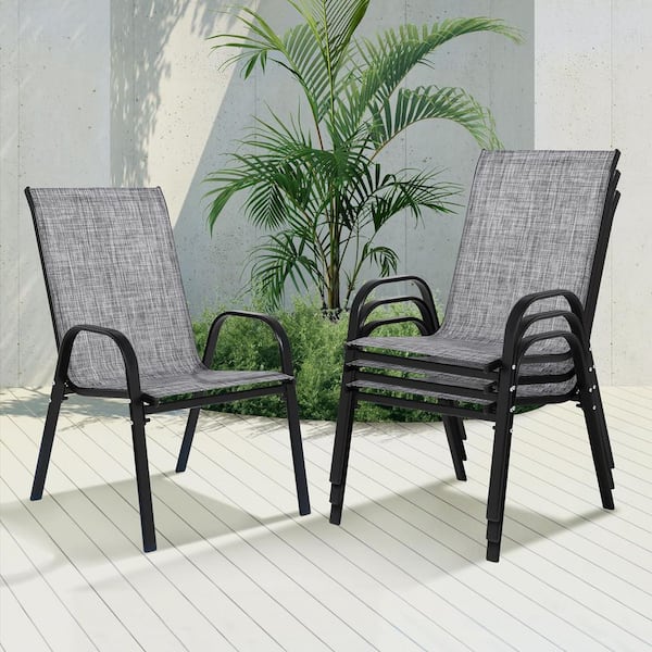Grey Textilene Fabric Patio Stackable Chairs Outdoor Dining Chair with Armrest and High Backrest Set of 4