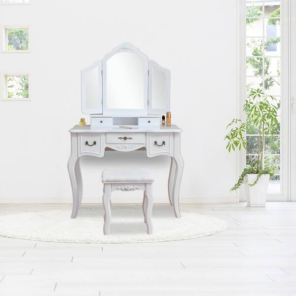Tri-Folding Mirror Vanity 5 Drawers Dressing Table Makeup Desk & Stool Set White 