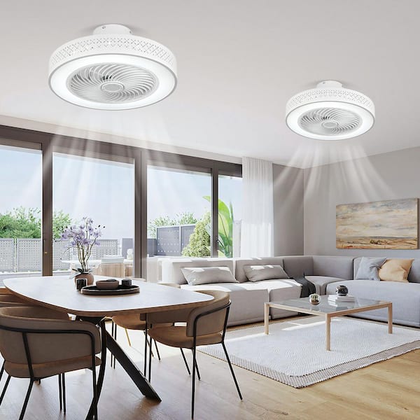 20 in. LED Indoor White Dimmable Modern Cage Bladeless Low Profile Flush Mount Ceiling Fan Light with Remote (2-Pack)