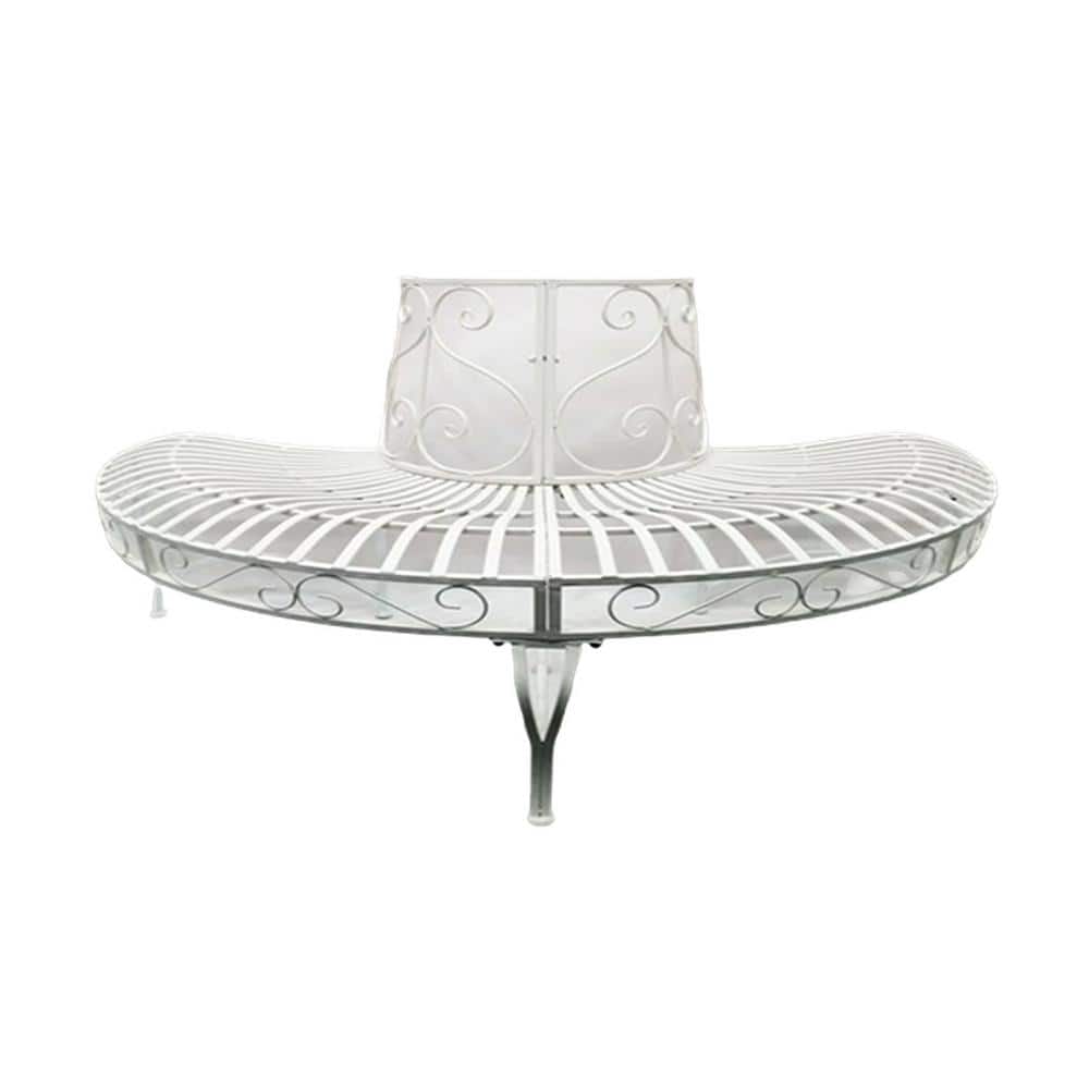 Elegant White Metal Curved Garden Bench with Tree Design