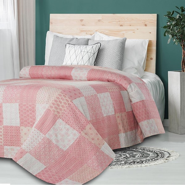 Unbranded Kantha Soft Pink Patchwork Queen Cotton Coverlet