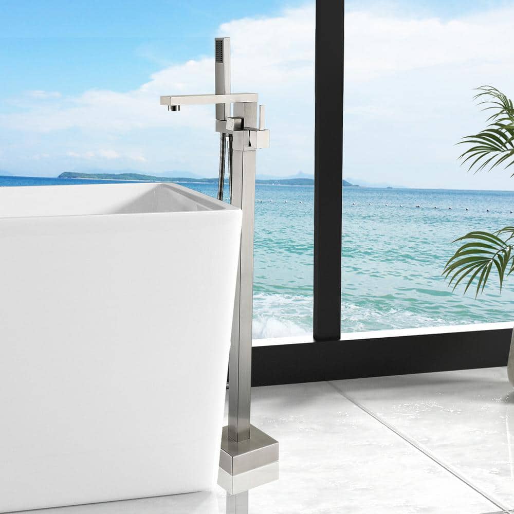 Brushed Nickel Freestanding Tub Filler with Hand Shower