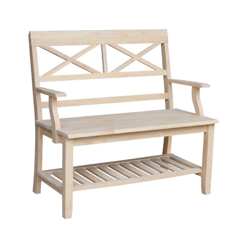 Unfinished Parawood Double X-Back Bench with Storage Shelf