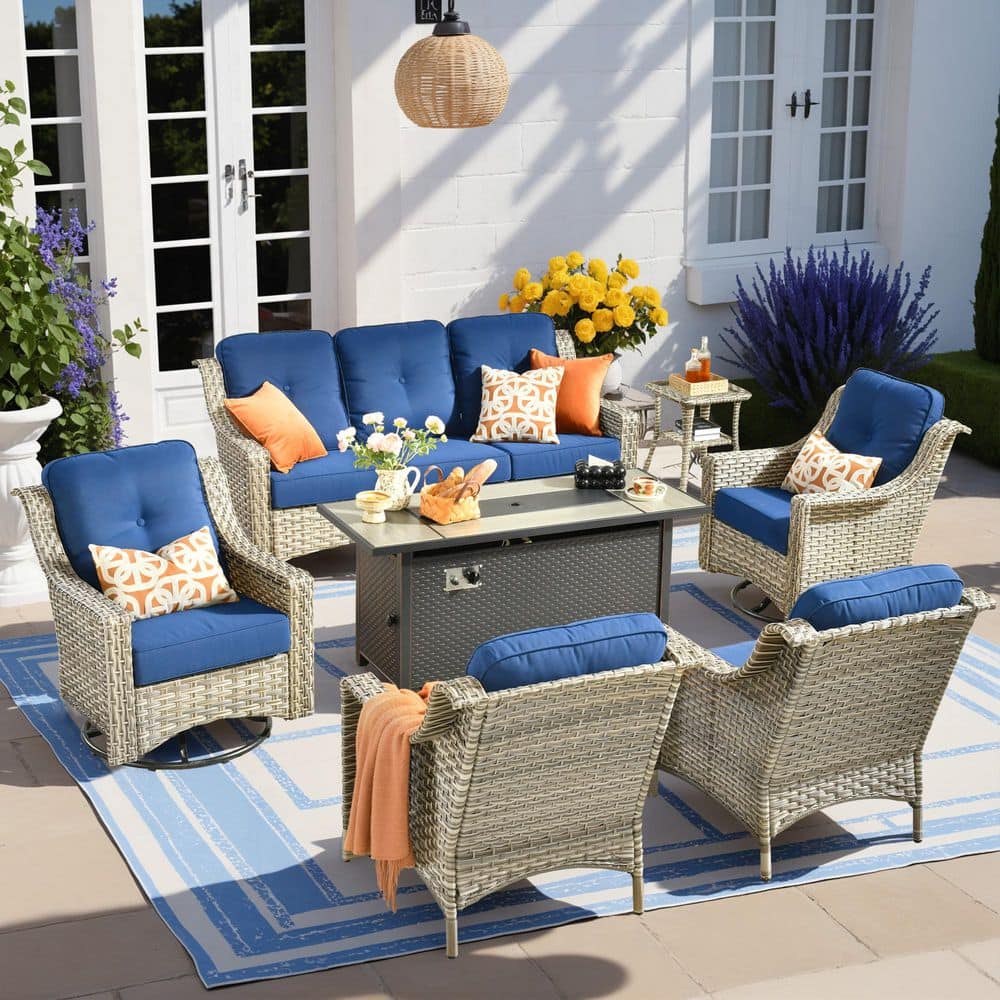 Cherry 7-Piece Wicker Outdoor Fire Pit Furniture Patio Conversation Sofa Set with Swivel Chairs and Navy Blue Cushions price history on PriceWatchPro