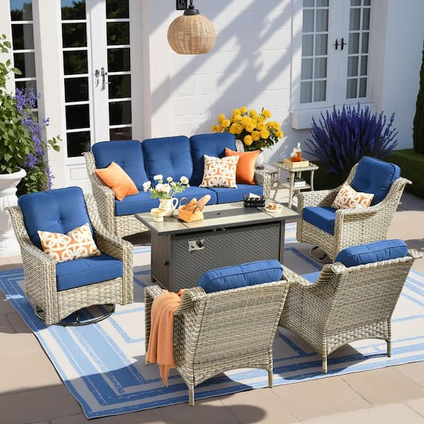 HOOOWOOO Cherry 7-Piece Wicker Outdoor Fire Pit Furniture Patio Conversation Sofa Set with Swivel Chairs and Navy Blue Cushions