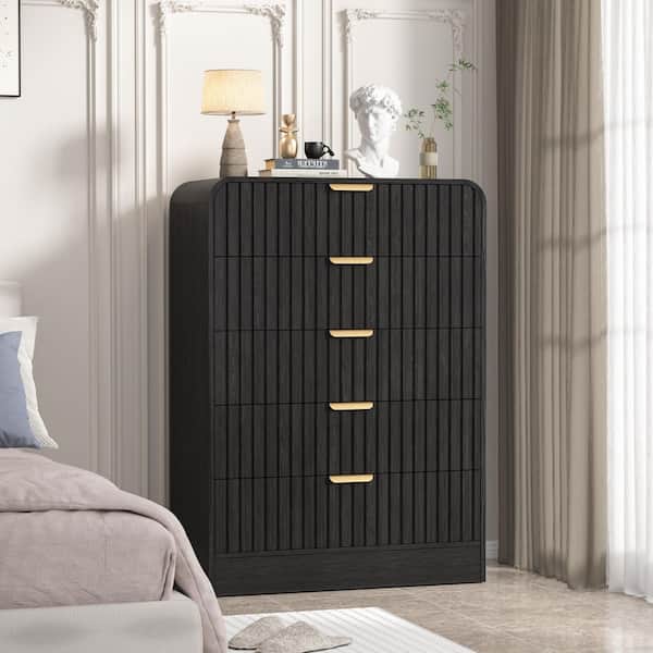 Black 5-Drawer 31.5 in.W MDF Chest of Drawers, Waveform Fluted Design Bedroom Dresser, Round Corner