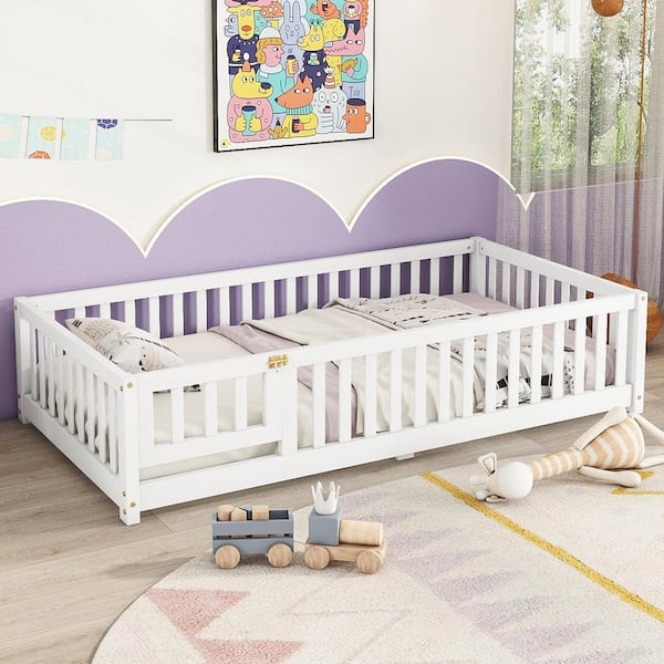 White Twin Size Wood Floor Bed Frame with Safety Guardrails and Door Low Platform Bed with Bed Slats for Kids