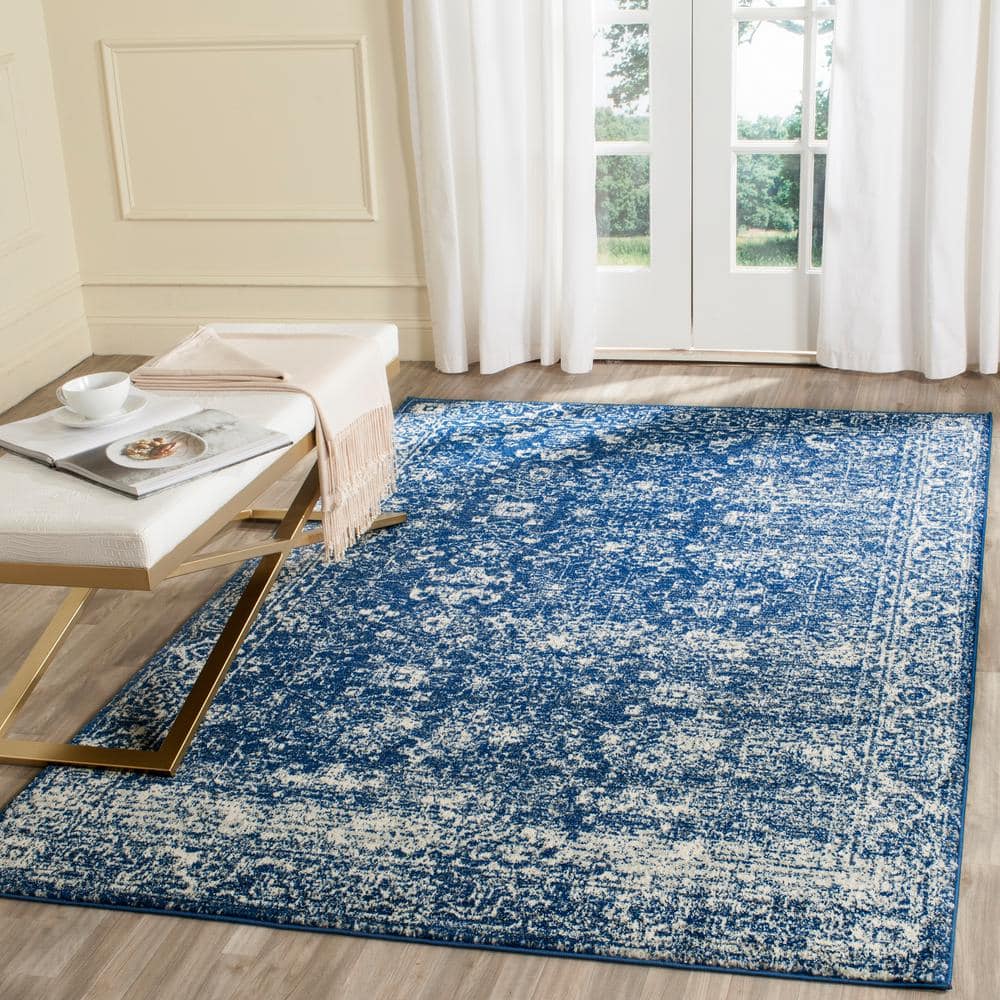 Navy and Ivory High Pile Synthetic Rectangular Rug