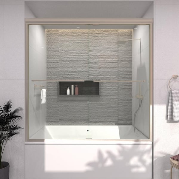TaiMei 60 in. W. x 56 in. H Sliding Semi Frameless Tub Door in Brushed Nickel Finish with Clear Glass