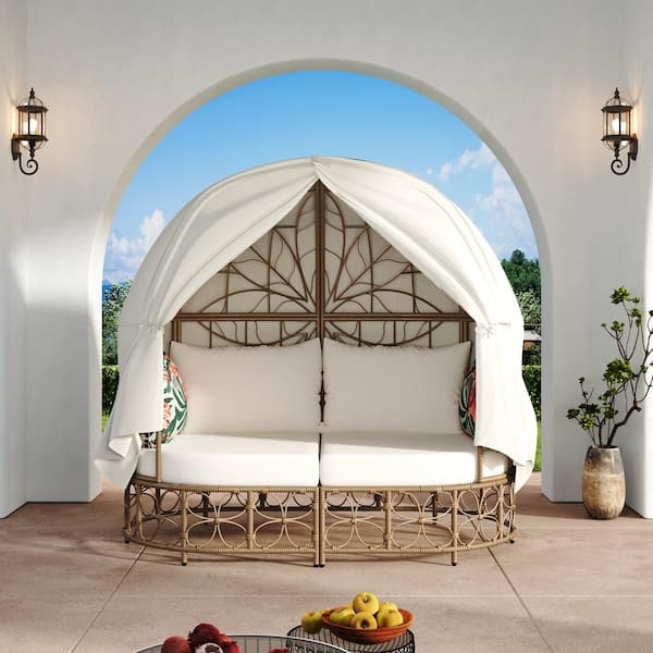 Harper & Bright Designs Natural Wicker Outdoor Day Bed with Unique Floral Pattern, Curtain, Colorful Pillows and Beige Cushion