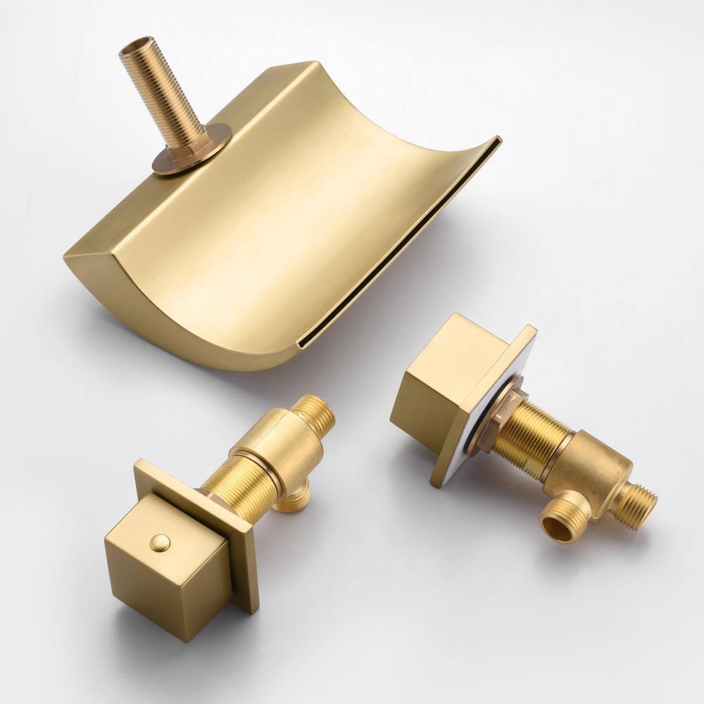 Brushed Gold Waterfall Spout Double Handle Roman Tub Faucet