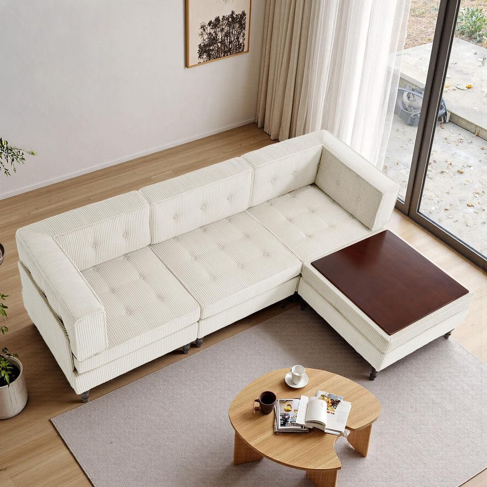 98.01 in. Square Arm 4-piece Corduroy L-Shaped Sectional Sofa in Beige price history on PriceWatchPro