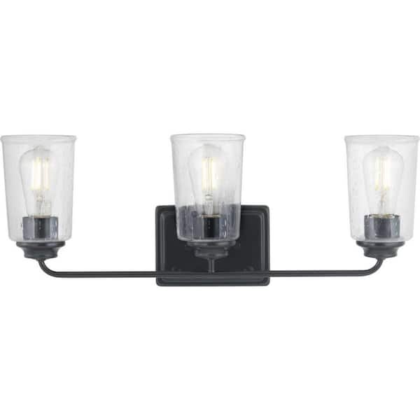Evangeline 23 in. 3-Light Matte Black Farmhouse Bathroom Vanity Light with Clear Seeded Glass Shades