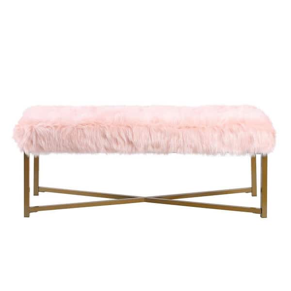 Homepop Pink Rectangle Bench with Faux Fur - 17 in. Height X 45 in. Width X 15.5 in. Deep