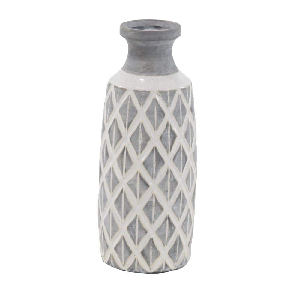 Gray Ceramic Coastal Round Table Vase with Diamond Pattern