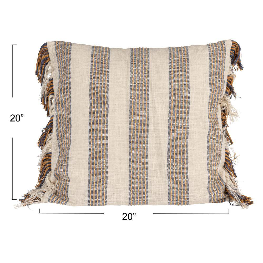Gray and Yellow Striped Cotton Square Throw Pillow with Fringe