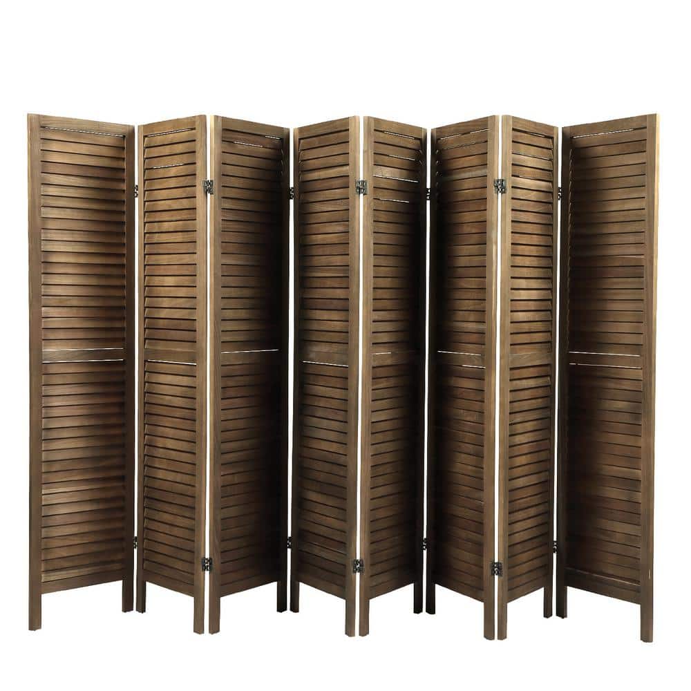 8 Panel Screen Folding Louvered Room Divider Sycamore Wood, Brown