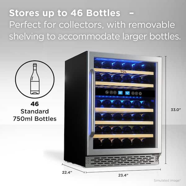 TCL 23.40 in. Dual Zone 46 Wine Bottles Stainless Look Beverage TCL 23.40 in. Dual Zone 46 Wine Bottles Stainless Look Beverage