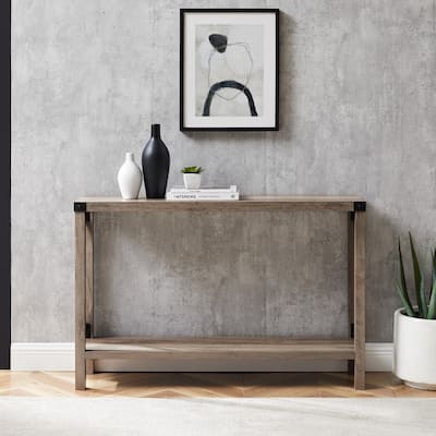 Industrial 46 in. Gray Wash Standard Rectangle Wood Console Table with Storage